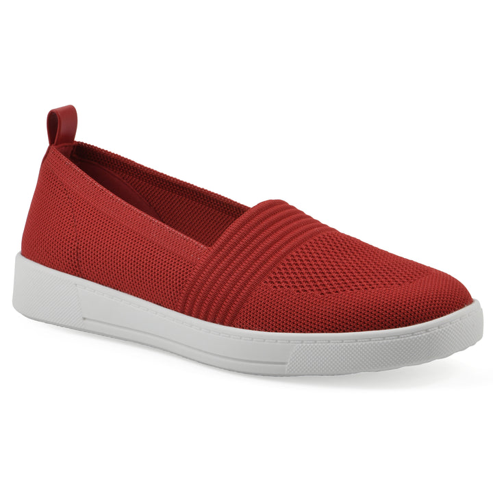 Angle view of a red slip-on sneaker with white sole, and perforated mesh fabric