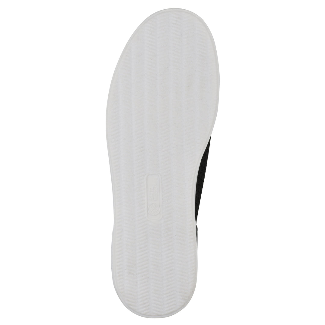 Sole view of a black sneaker with white sole, lace-up design and perforated mesh fabric