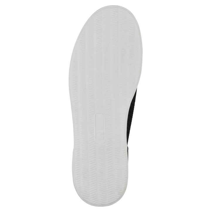 Sole view of a black sneaker with white sole, lace-up design and perforated mesh fabric
