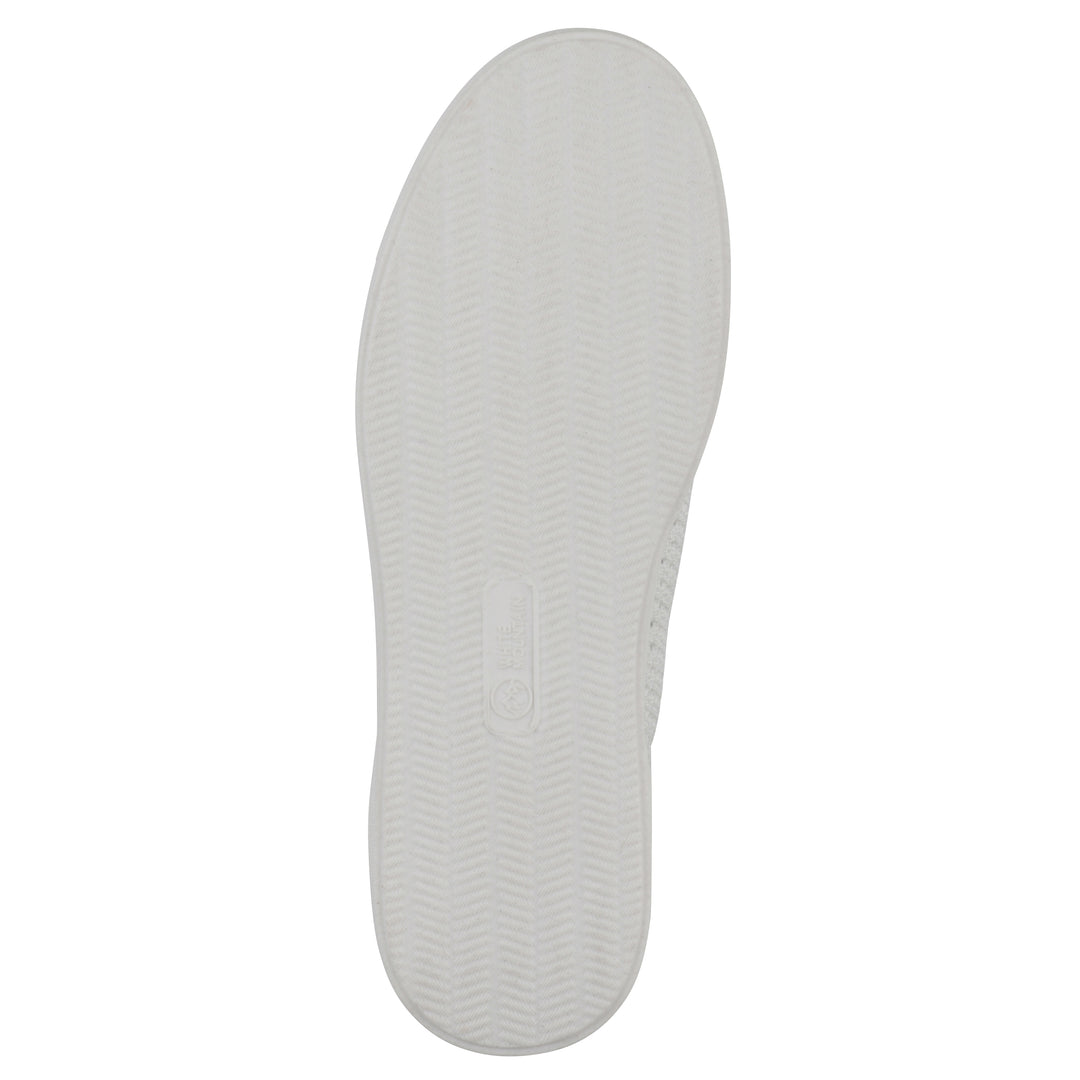 Sole view of a white sneaker with lace-up design and perforated mesh fabric