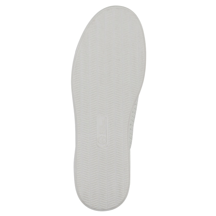 Sole view of a white sneaker with lace-up design and perforated mesh fabric