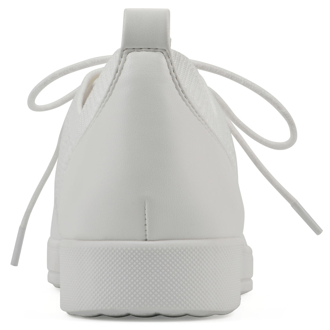 Rear view of a white sneaker with lace-up design and perforated mesh fabric