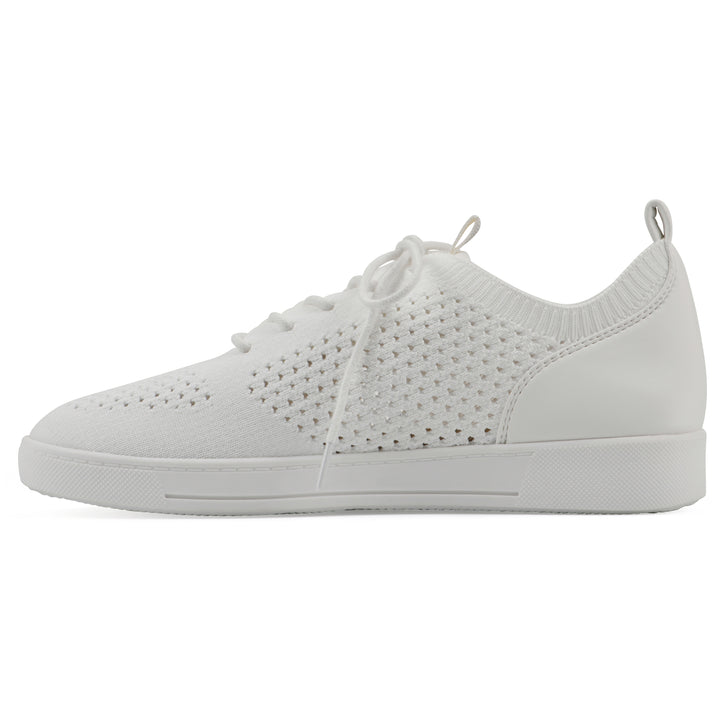 Side view of a white sneaker with lace-up design and perforated mesh fabric