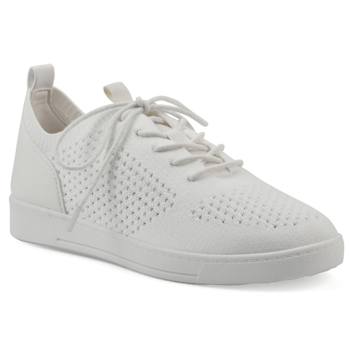 Angle view of a white sneaker with lace-up design and perforated mesh fabric