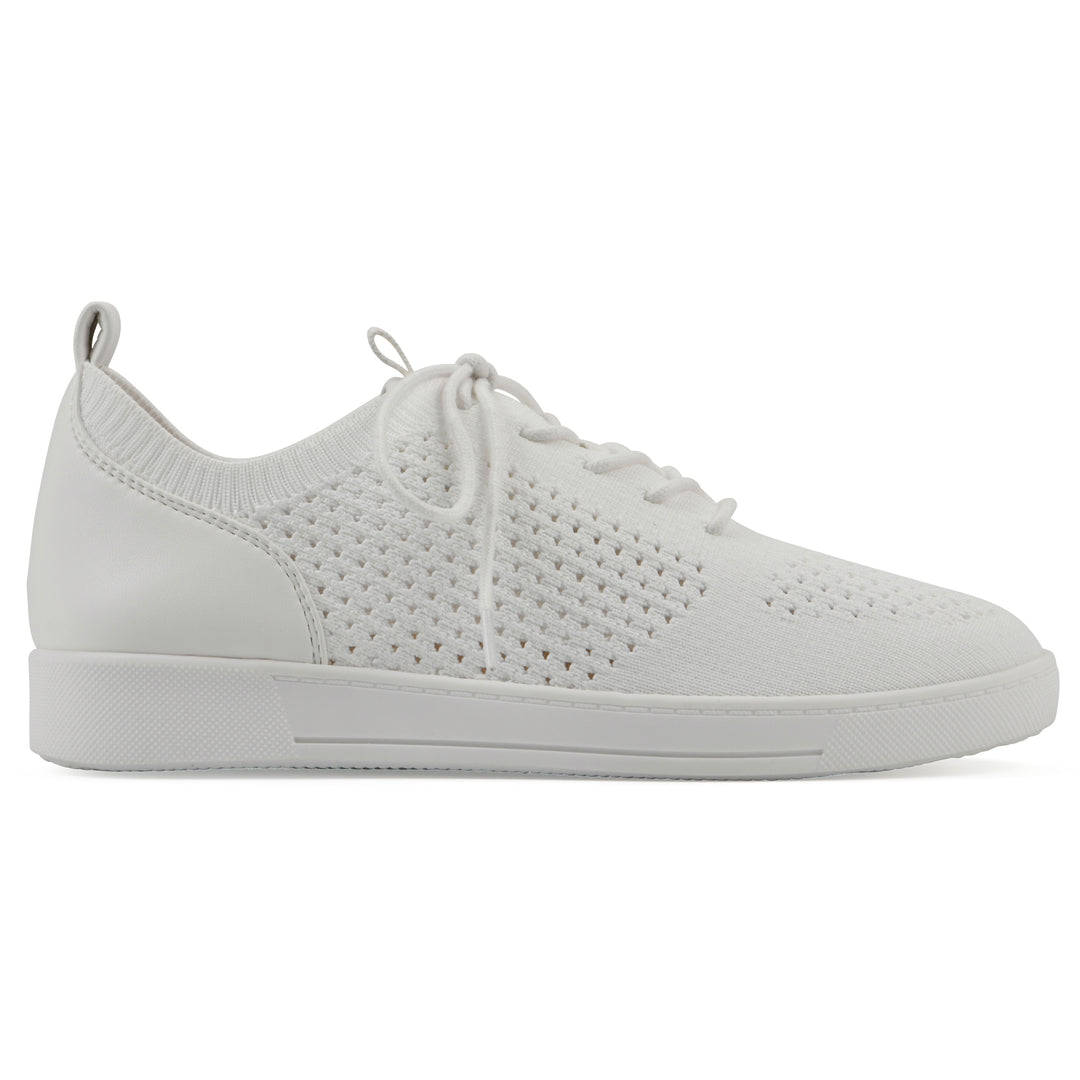 Side view of a white sneaker with lace-up design and perforated mesh fabric