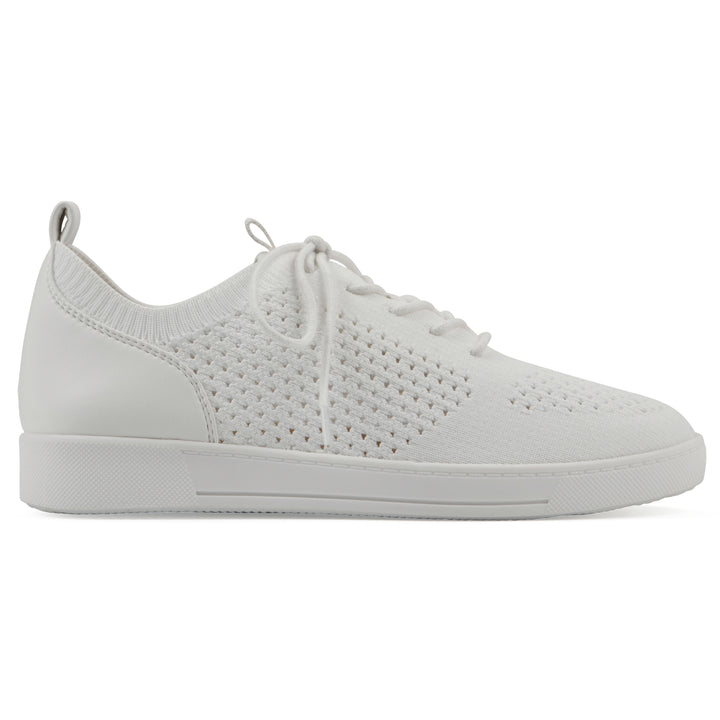 Side view of a white sneaker with lace-up design and perforated mesh fabric