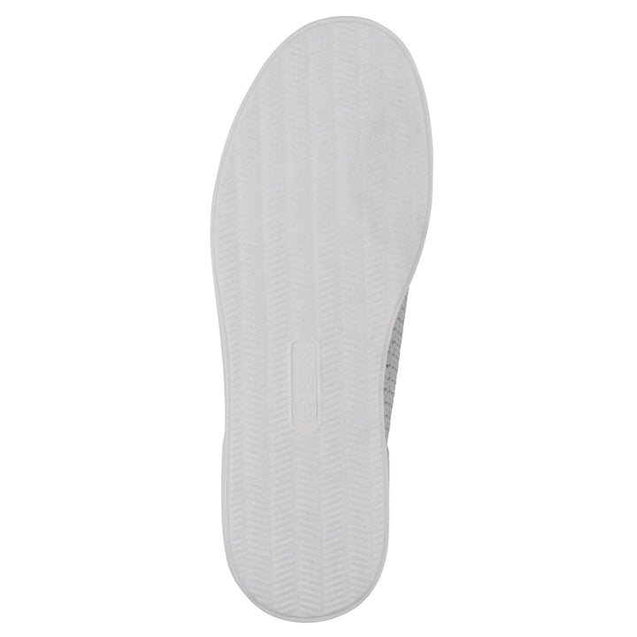 Sole view of a gray sneaker with white sole, lace-up design and perforated mesh fabric