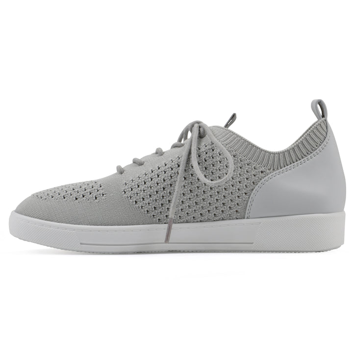Side view of a gray sneaker with white sole, lace-up design and perforated mesh fabric