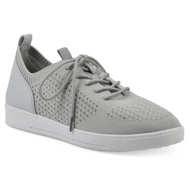Angle view of a gray sneaker with white sole, lace-up design and perforated mesh fabric