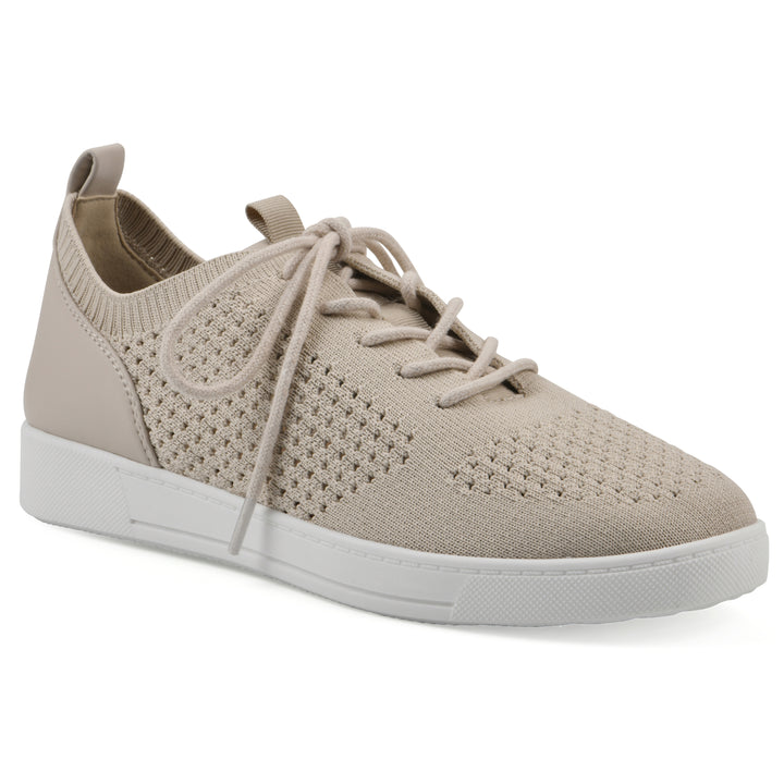 Angle view of a taupe sneaker with lace-up design and perforated mesh fabric