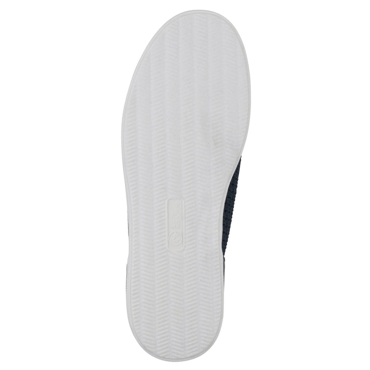 White sole view of a navy sneaker with lace-up design and perforated mesh fabric