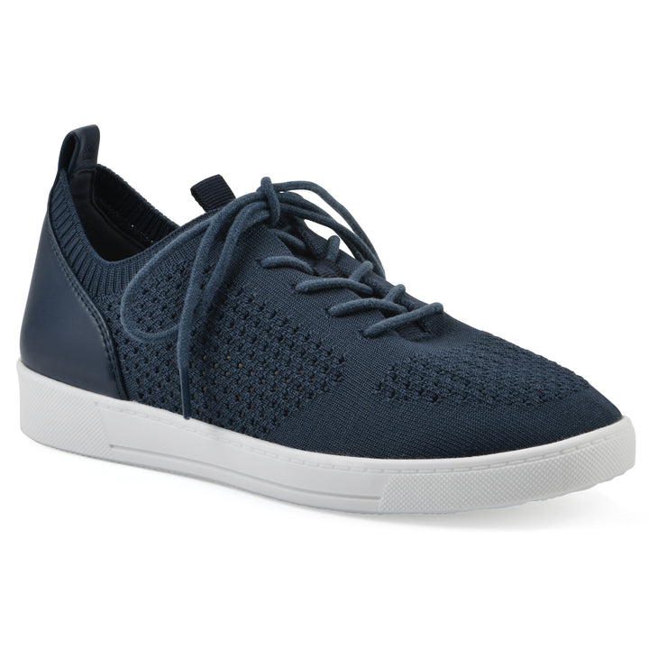 Angle view of a navy sneaker with lace-up design and perforated mesh fabric