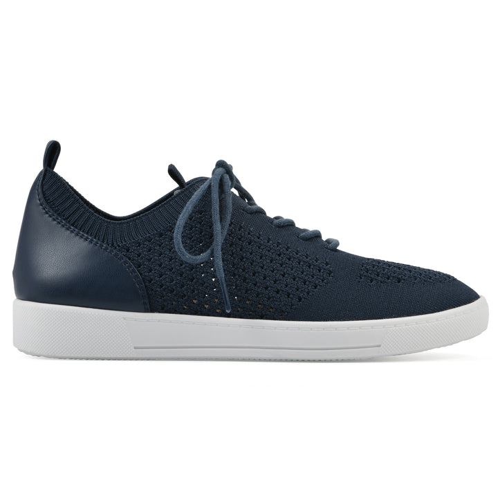 Side view of a navy sneaker with lace-up design and perforated mesh fabric