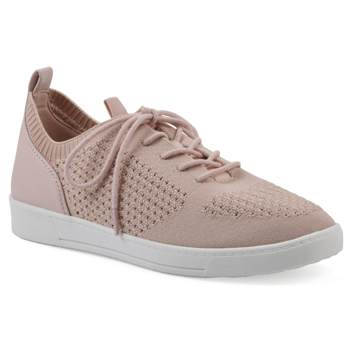 Angle view of a pink sneaker with white sole, lace-up design and perforated mesh fabric