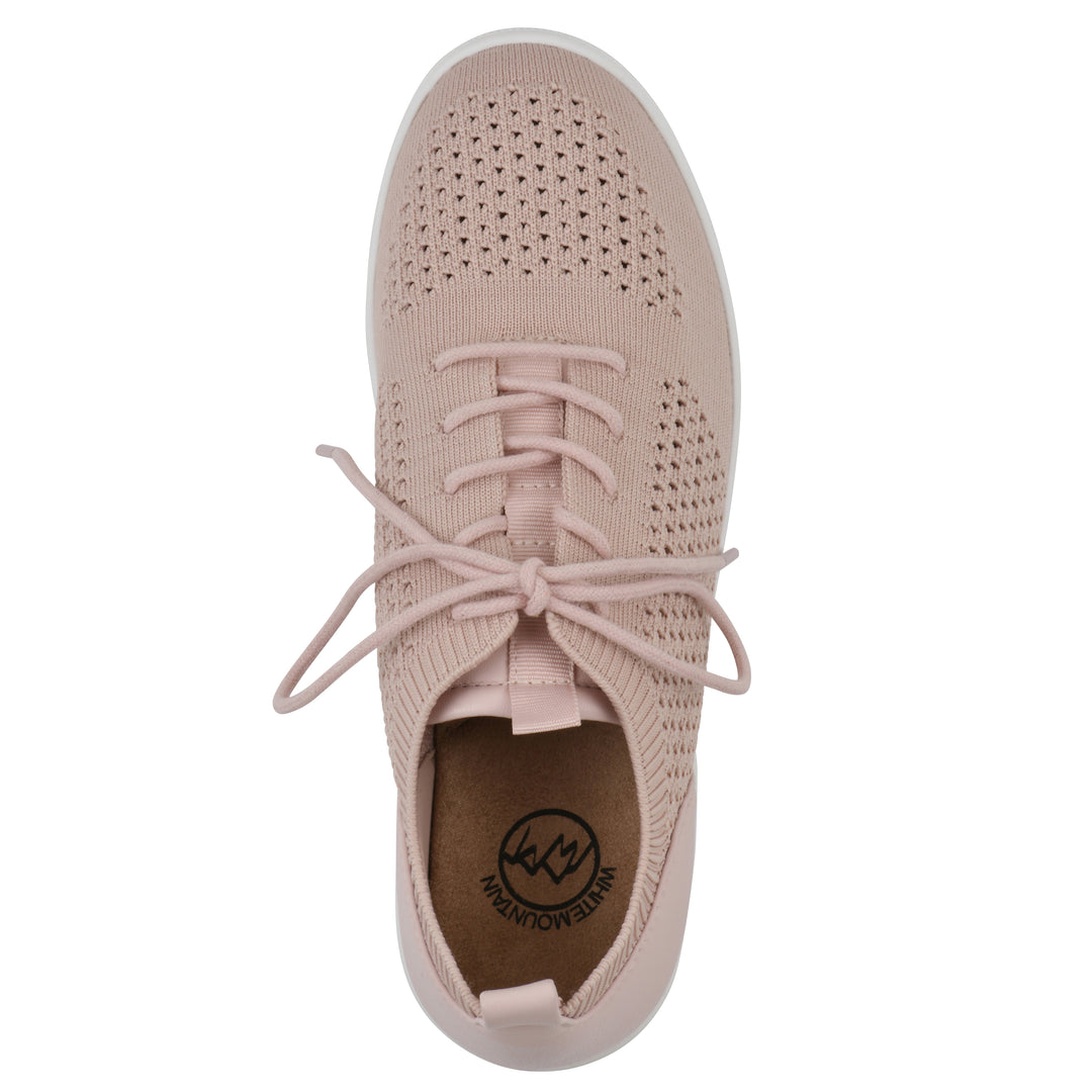 Top view of a pink sneaker with white sole, lace-up design and perforated mesh fabric