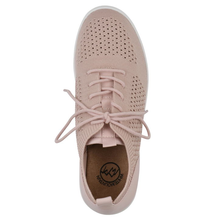 Top view of a pink sneaker with white sole, lace-up design and perforated mesh fabric