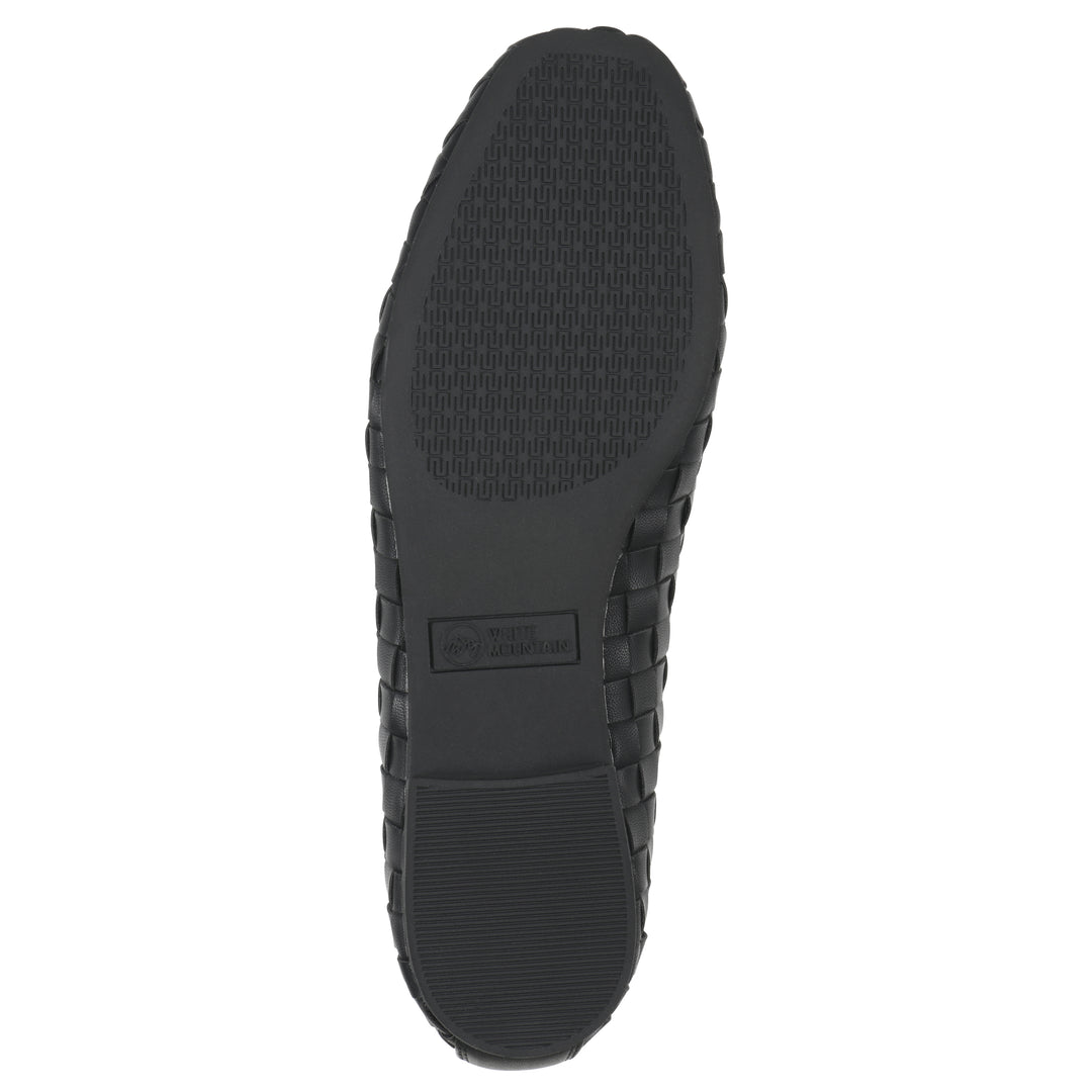 Sole view of a black faux leather, woven pattern flat with a black sole