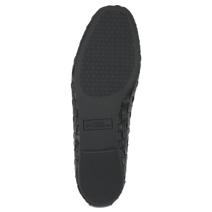 Sole view of a black faux leather, woven pattern flat with a black sole