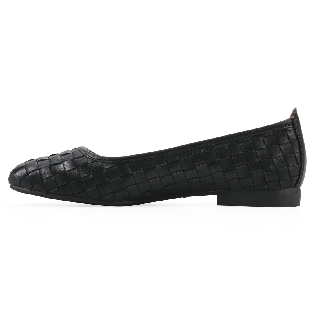 Side view of a black faux leather, woven pattern flat with a black sole