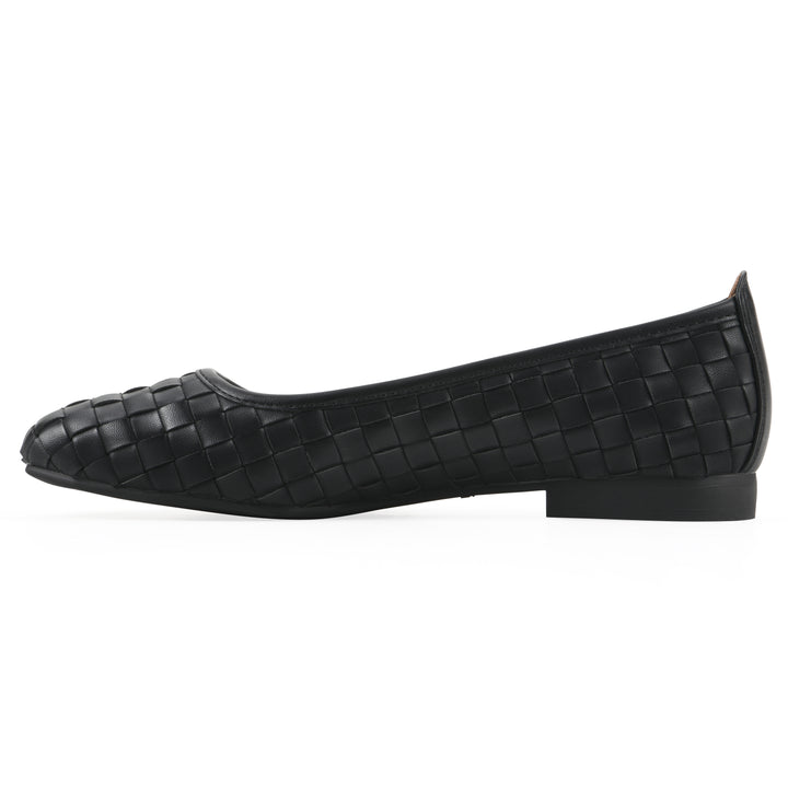 Side view of a black faux leather, woven pattern flat with a black sole