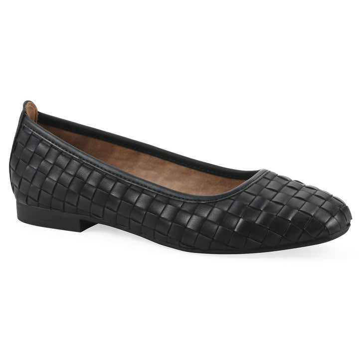 Angle view of a black faux leather, woven pattern flat with a black sole
