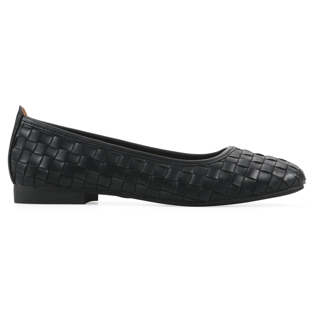 Side view of a black faux leather, woven pattern flat with a black sole