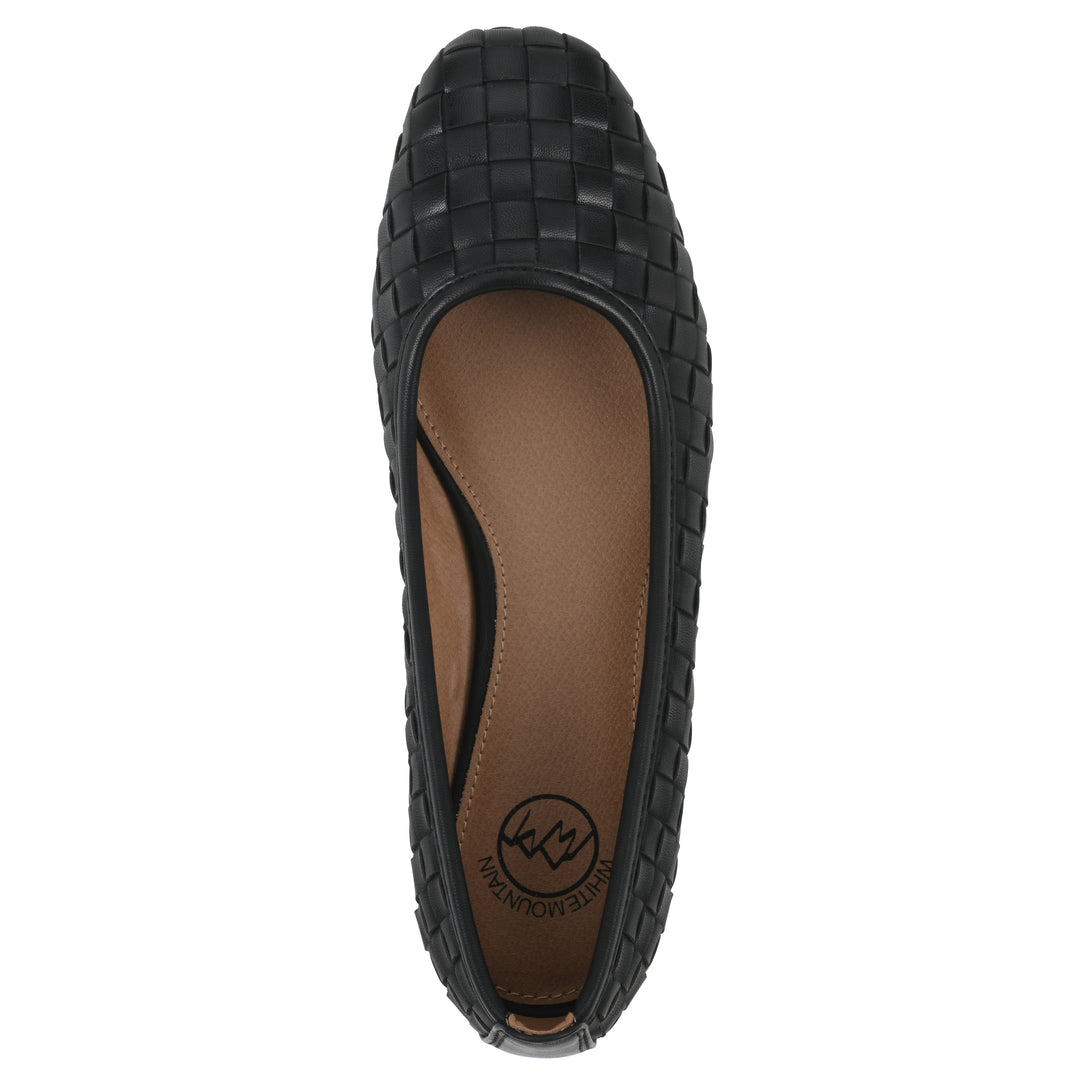 Top view of a black faux leather, woven pattern flat with a black sole