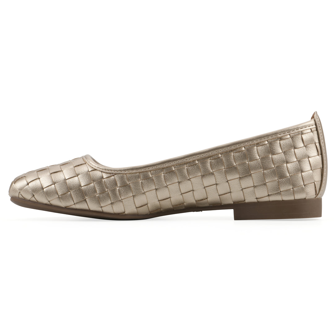 Side view of a light gold faux leather, woven pattern flat with a brown sole