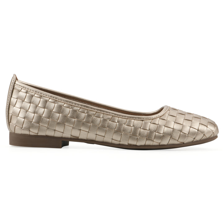 Side view of a light gold faux leather, woven pattern flat with a brown sole