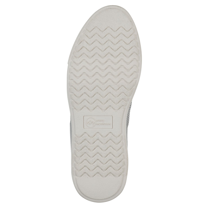 White sole view of a gray sneaker with silver accents, zipper entry and faux laces detail