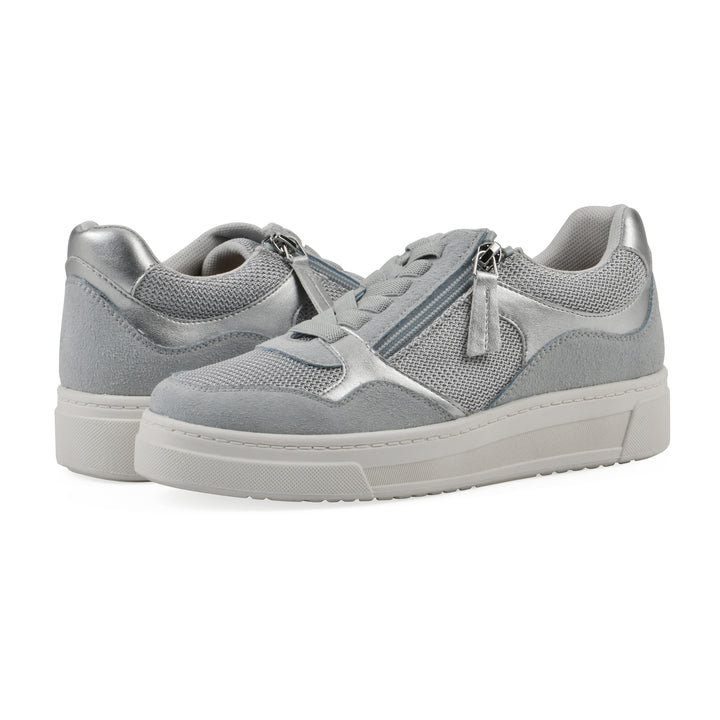 Angle view of a pair of gray sneakers with silver accents, zipper entry and faux laces detail