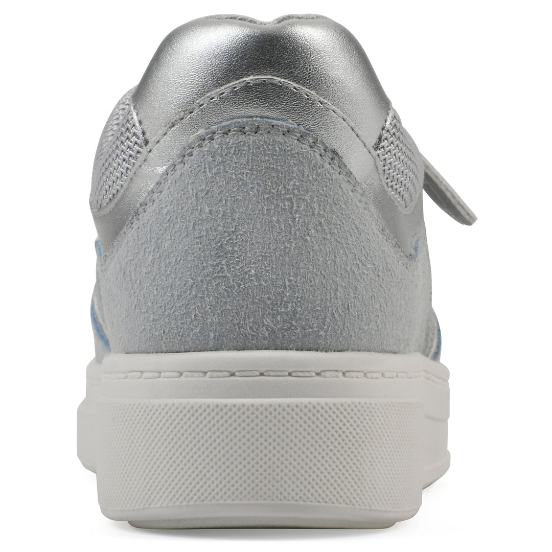 Heel view of a gray sneaker with silver accents, zipper entry and faux laces detail