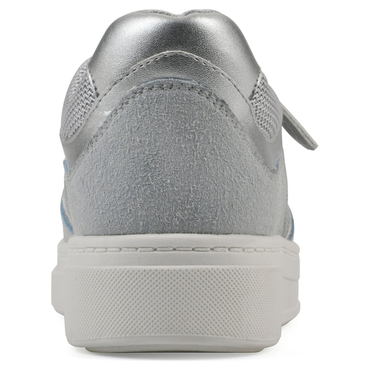Heel view of a gray sneaker with silver accents, zipper entry and faux laces detail