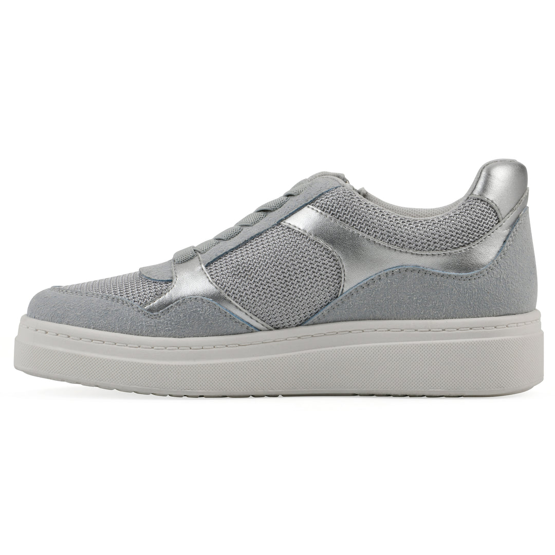 Side view of a gray sneaker with silver accents, zipper entry and faux laces detail