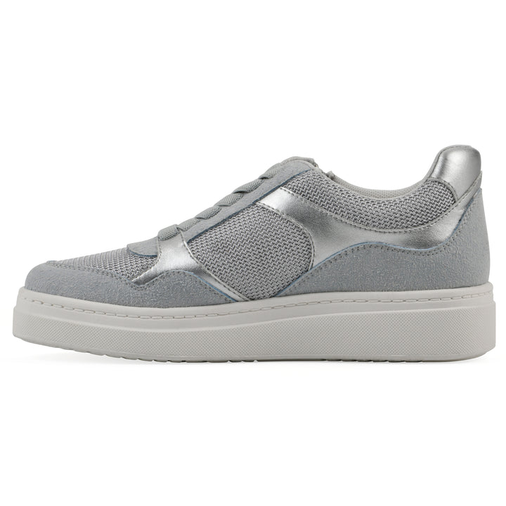 Side view of a gray sneaker with silver accents, zipper entry and faux laces detail