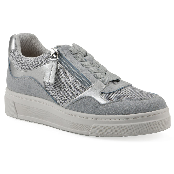 Angle view of a gray sneaker with silver accents, zipper entry and faux laces detail