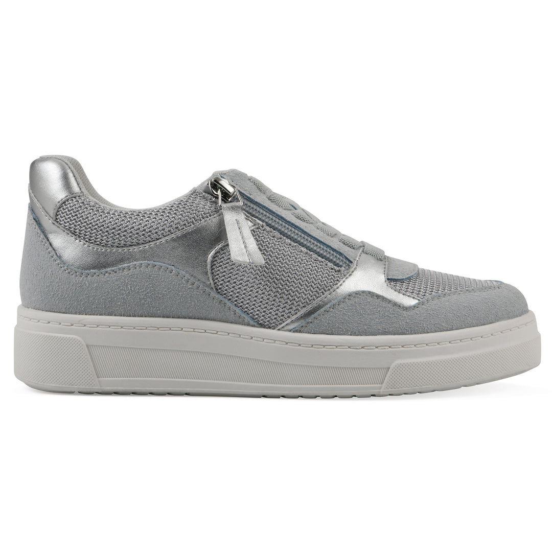 Side view of a gray sneaker with silver accents, zipper entry and faux laces detail