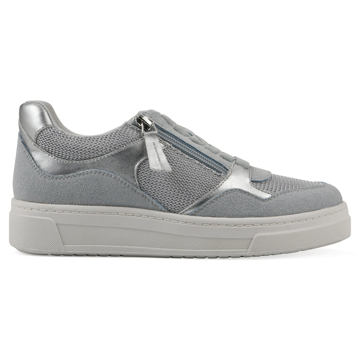 Side view of a gray sneaker with silver accents, zipper entry and faux laces detail