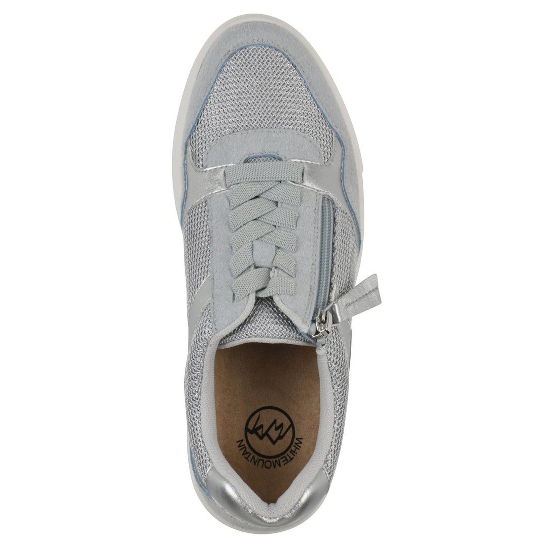 Top view of a gray sneaker with silver accents, zipper entry and faux laces detail