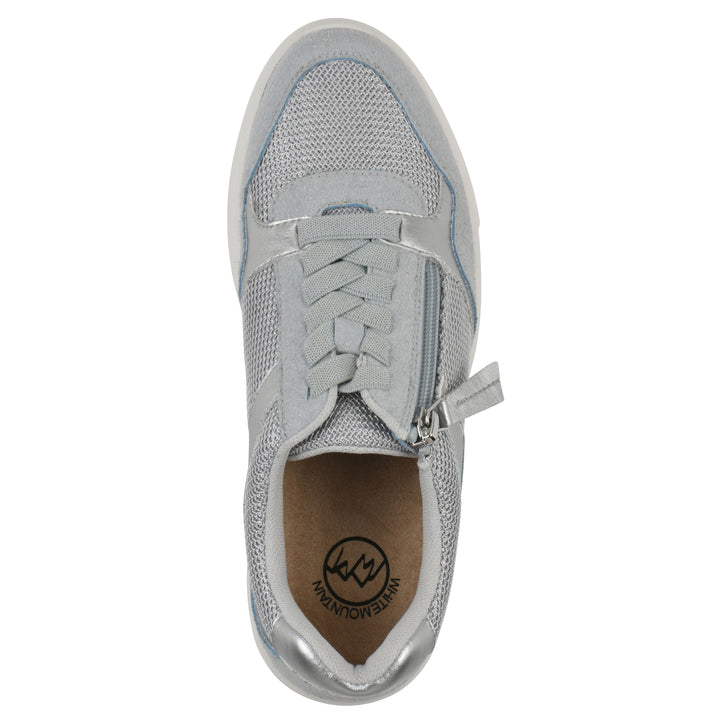 Top view of a gray sneaker with silver accents, zipper entry and faux laces detail