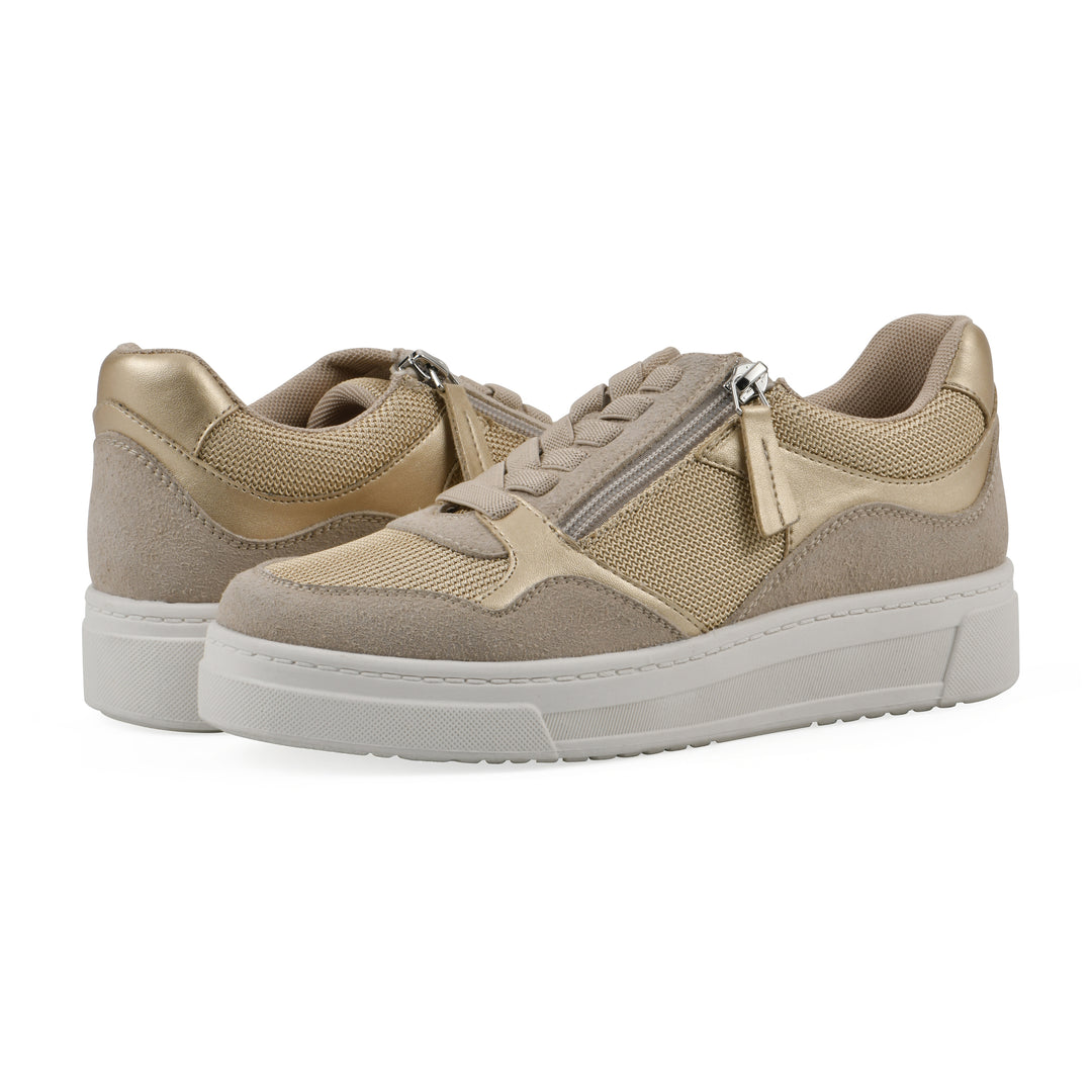 Angle view of a pair of beige sneaker with white sole, zipper entry and faux laces detail