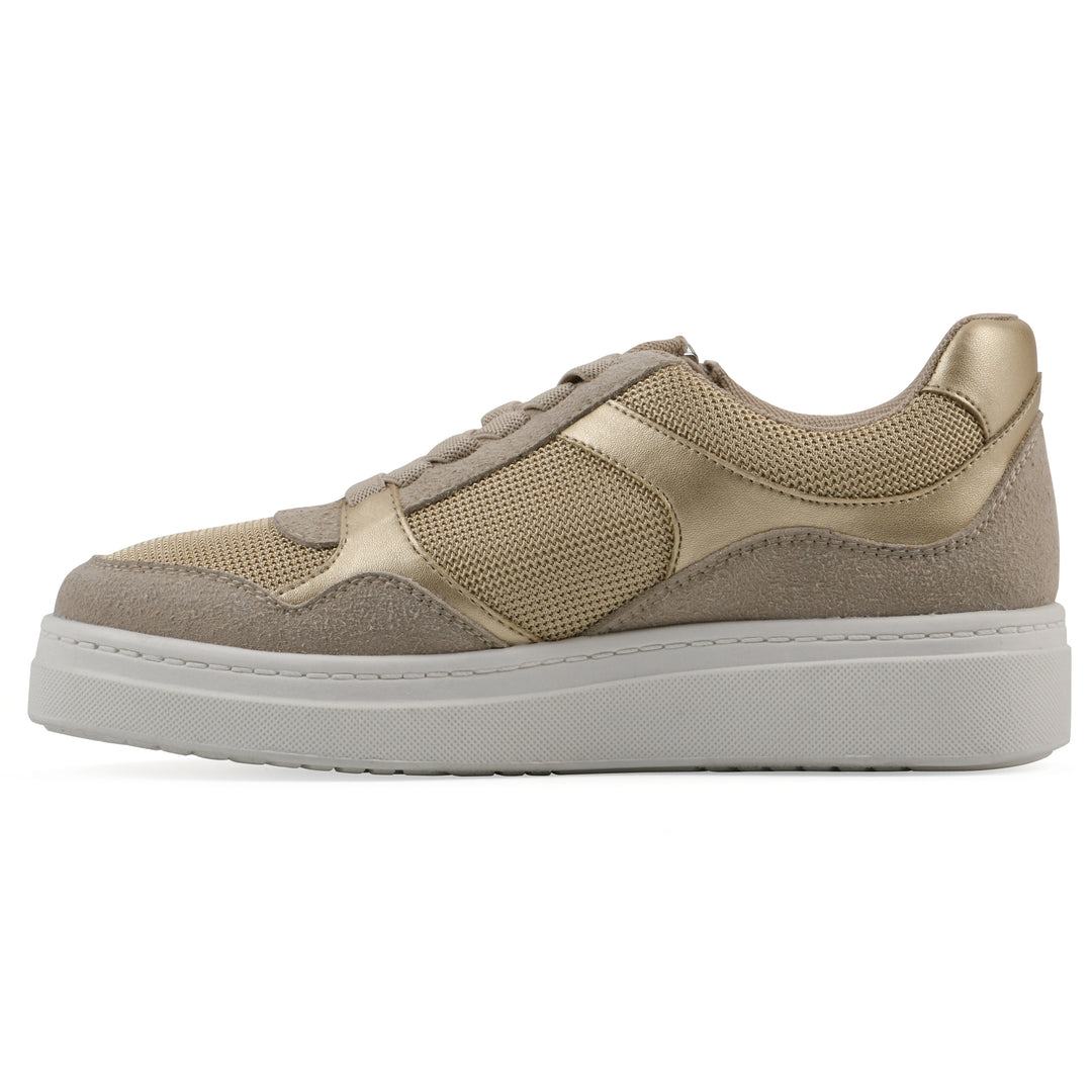 Side view of a beige sneaker with white sole, zipper entry and faux laces detail