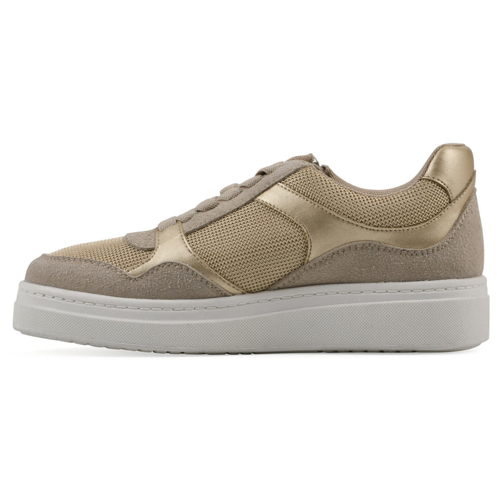 Side view of a beige sneaker with white sole, zipper entry and faux laces detail