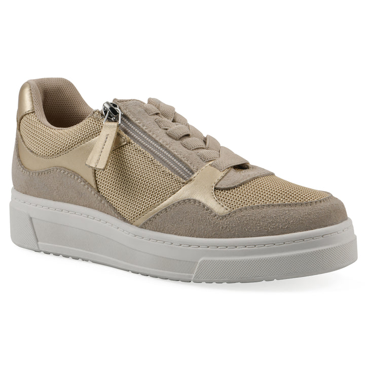 Angle view of a beige sneaker with white sole, zipper entry and faux laces detail
