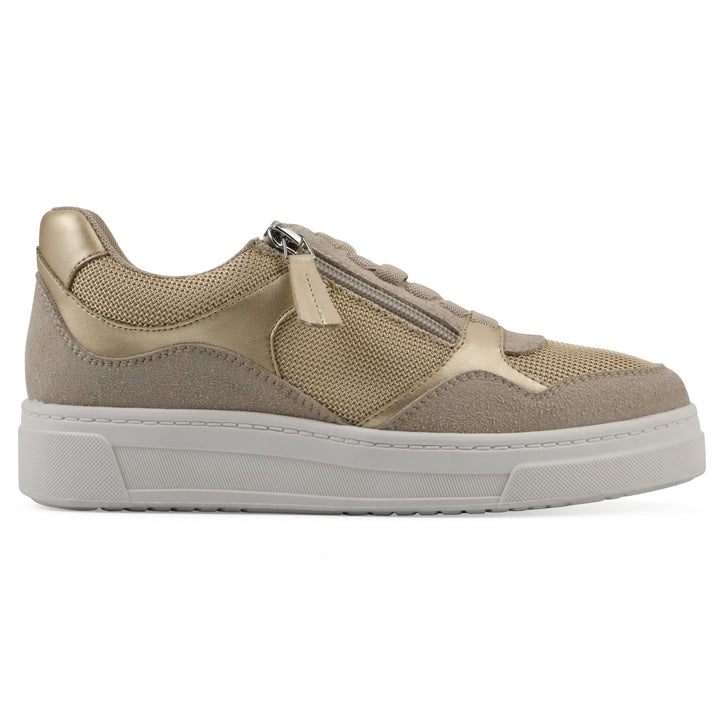 Side view of a beige sneaker with white sole, zipper entry and faux laces detail