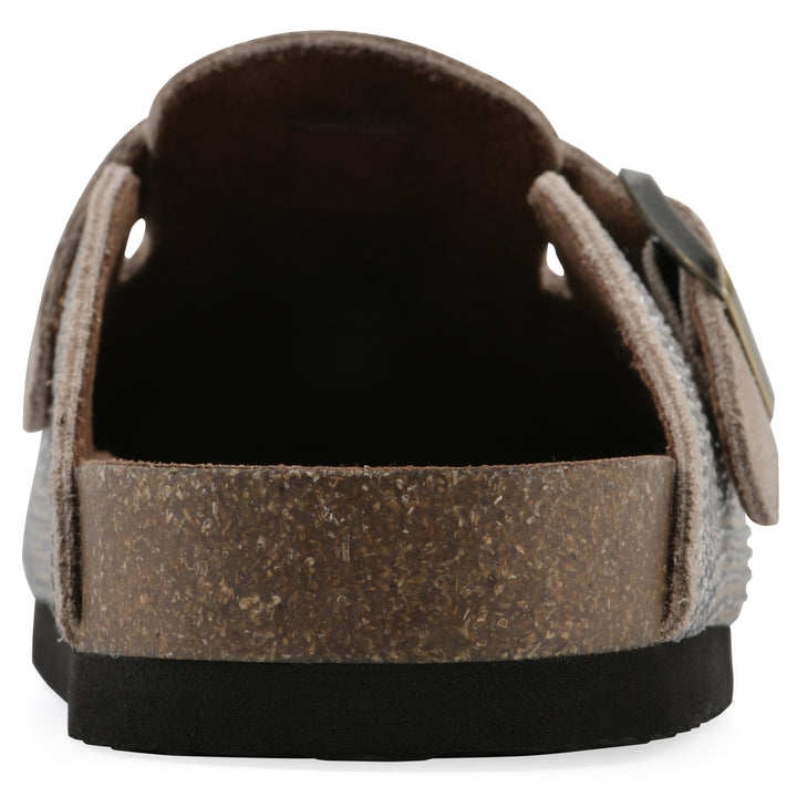 Rear view of a tan micro-sequined backless clog with adjustable buckle strap and black sole
