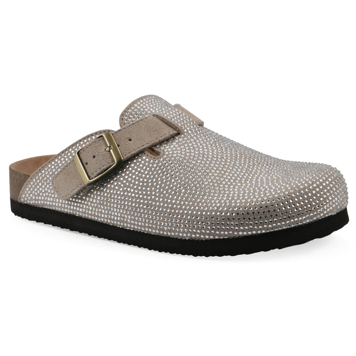 Angle view of a tan micro-sequined backless clog with adjustable buckle strap and black sole