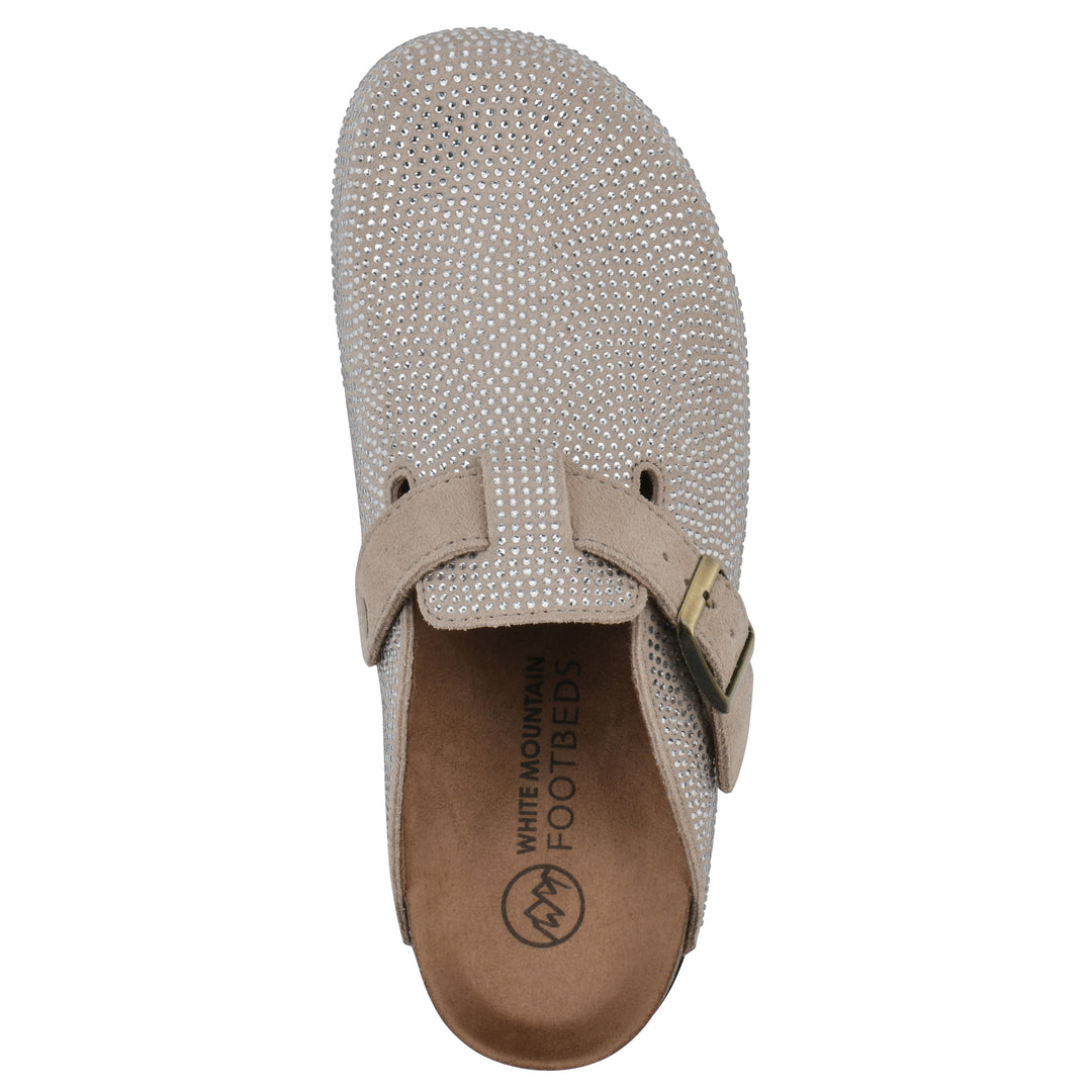 Top view of a tan micro-sequined backless clog with adjustable buckle strap and black sole