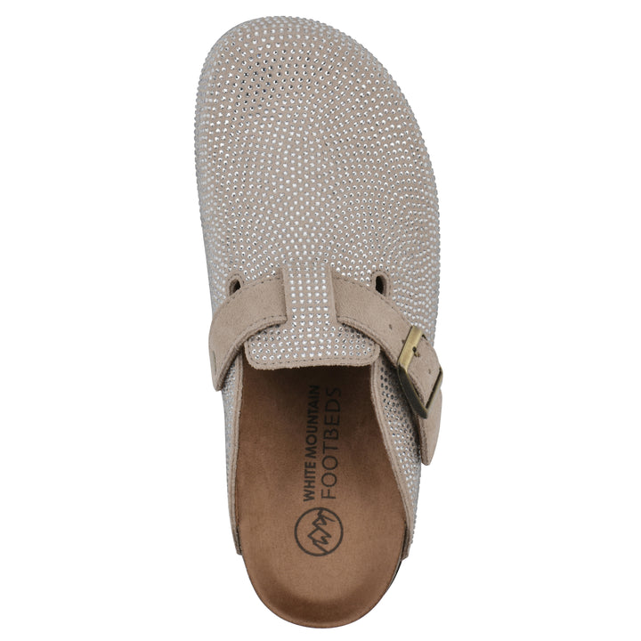 Top view of a tan micro-sequined backless clog with adjustable buckle strap and black sole