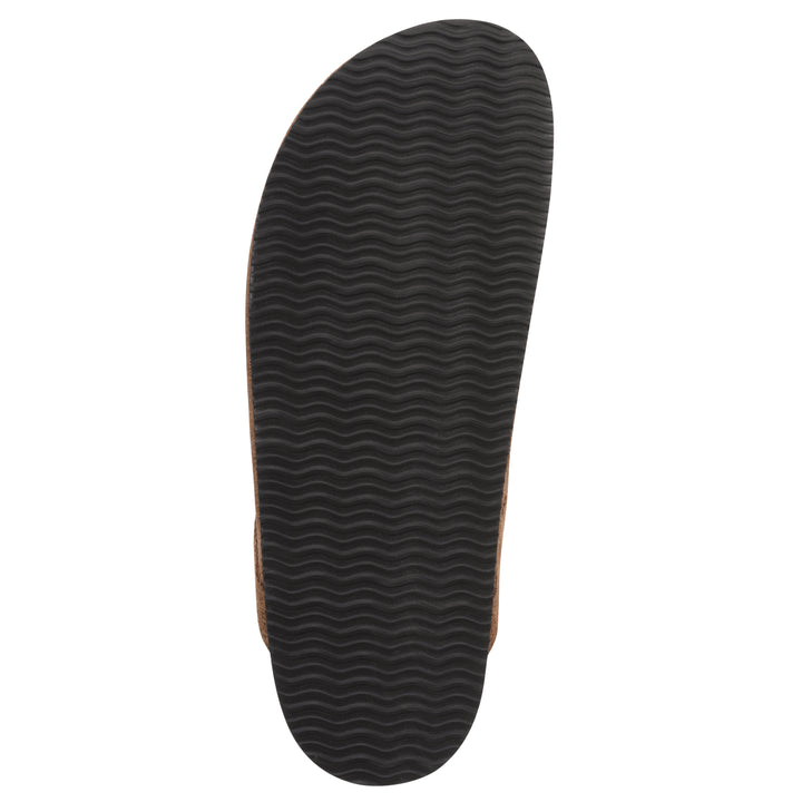 Sole view of a brown and white multi felt and suede backless clog with a black sole